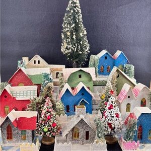 Set Of 11 Vintage Putz Houses Churches Beaded Bottle Brush Trees Japan